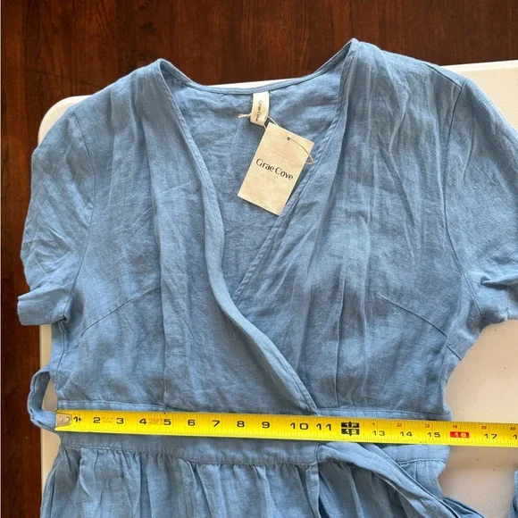 100% Linen Grae Cove Light Blue Wrap Dress - Picture 10 of 12